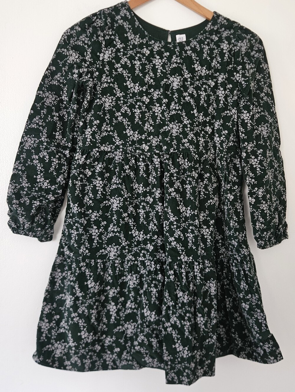 Gap Kids Girls Dress L 10 Corduroy Tiered Forest Green Floral Country Fall Boho
